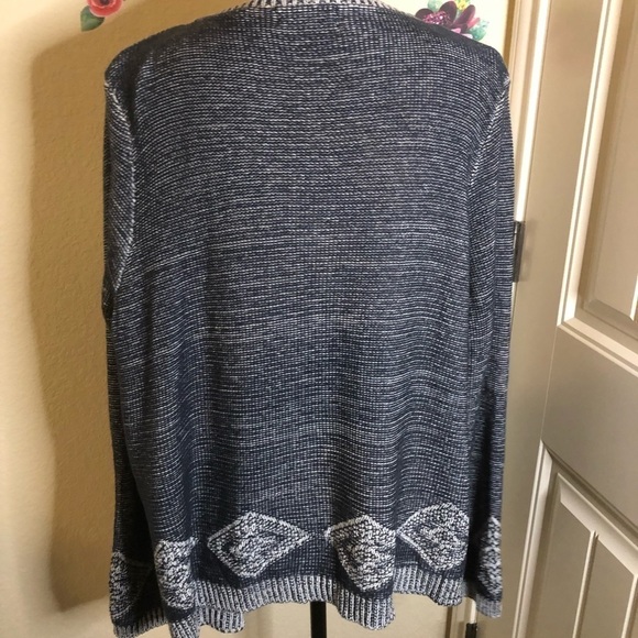 Passport Cardigan Navy Blue & White Geometric Sweater Size 16 - Picture 5 of 6